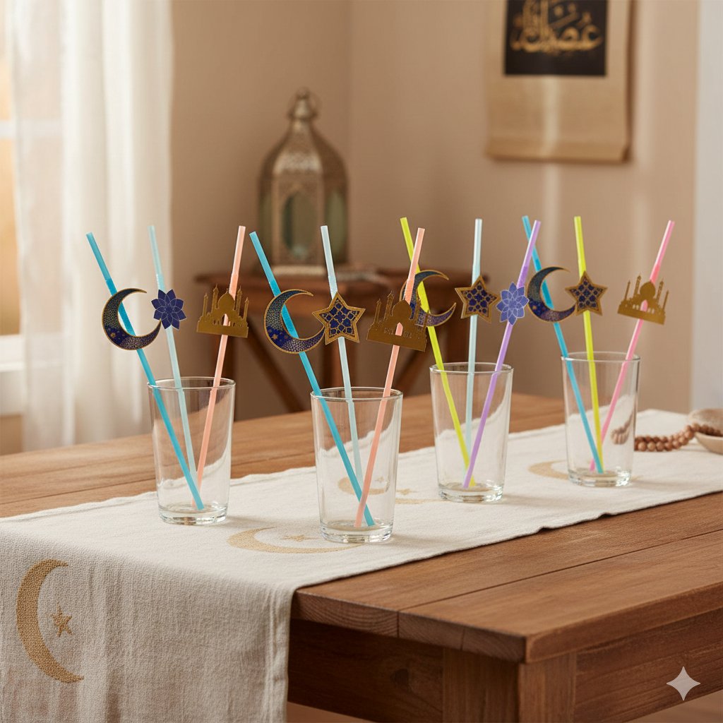 Ramazan Figürlü Artistik Pipet Mavi 10 Adet - Ramazan İçecek Sunum Pipeti