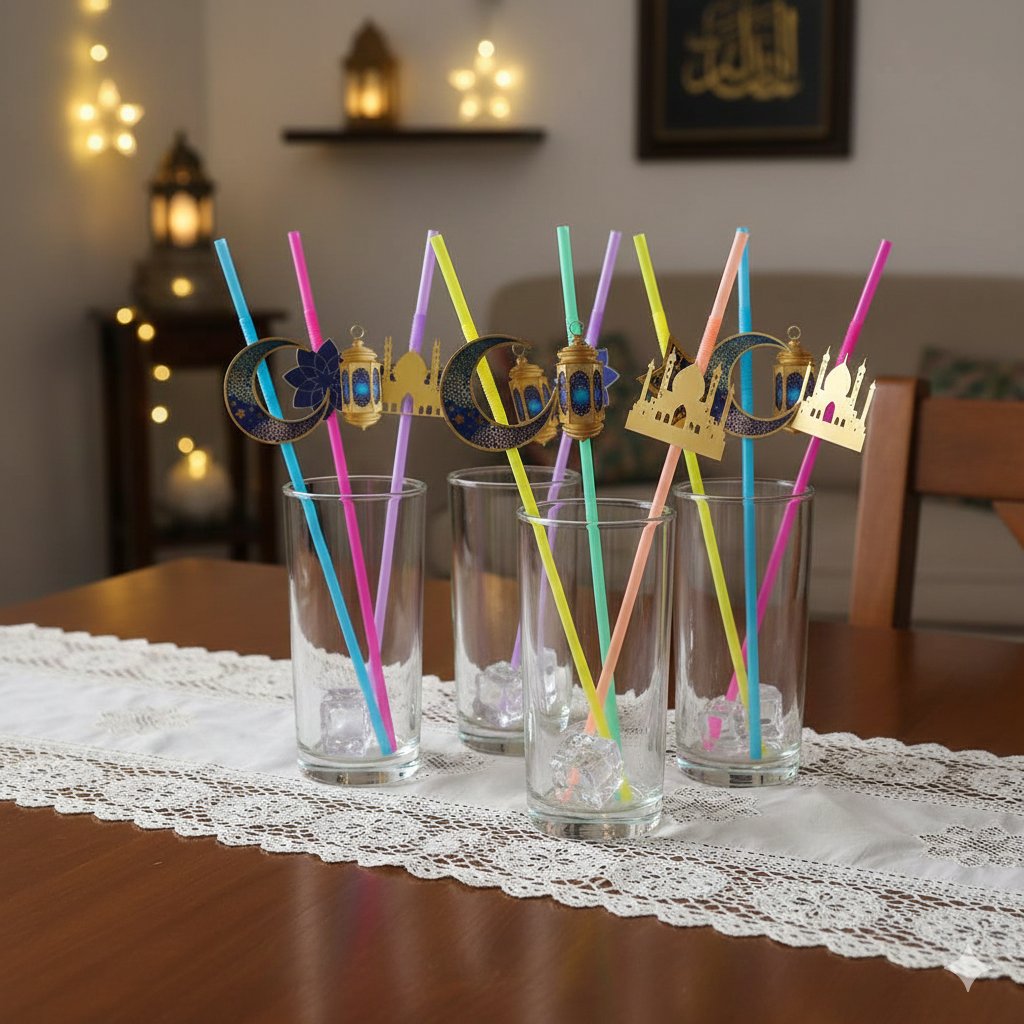Ramazan Figürlü Artistik Pipet Mavi 10 Adet - Ramazan İçecek Sunum Pipeti