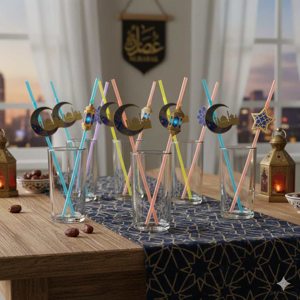 Ramazan Figürlü Artistik Pipet Mavi 10 Adet - Ramazan İçecek Sunum Pipeti