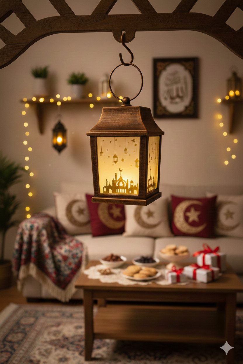 Ramazan Ledli Fener Kare Altın Aynalı Model 10 Cm Pil içinde