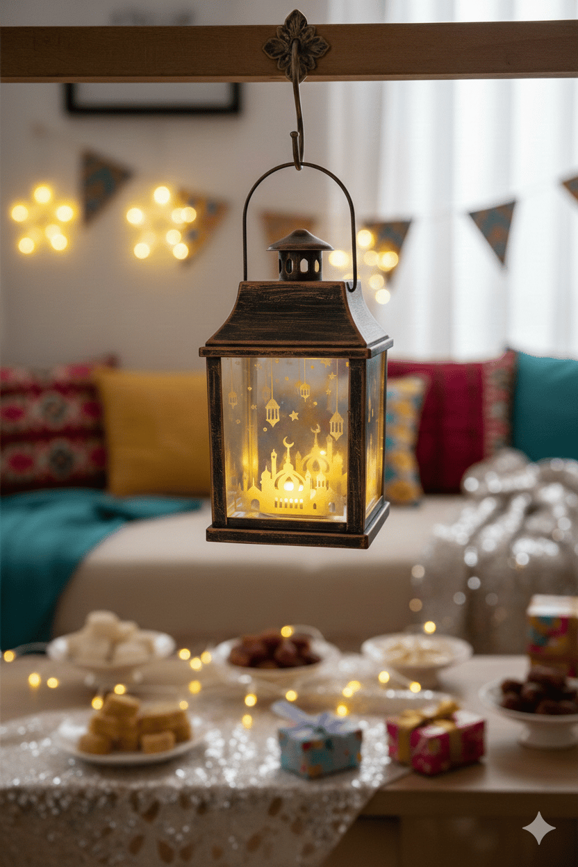 Ramazan Ledli Fener Kare Altın Aynalı Model 10 Cm Pil içinde