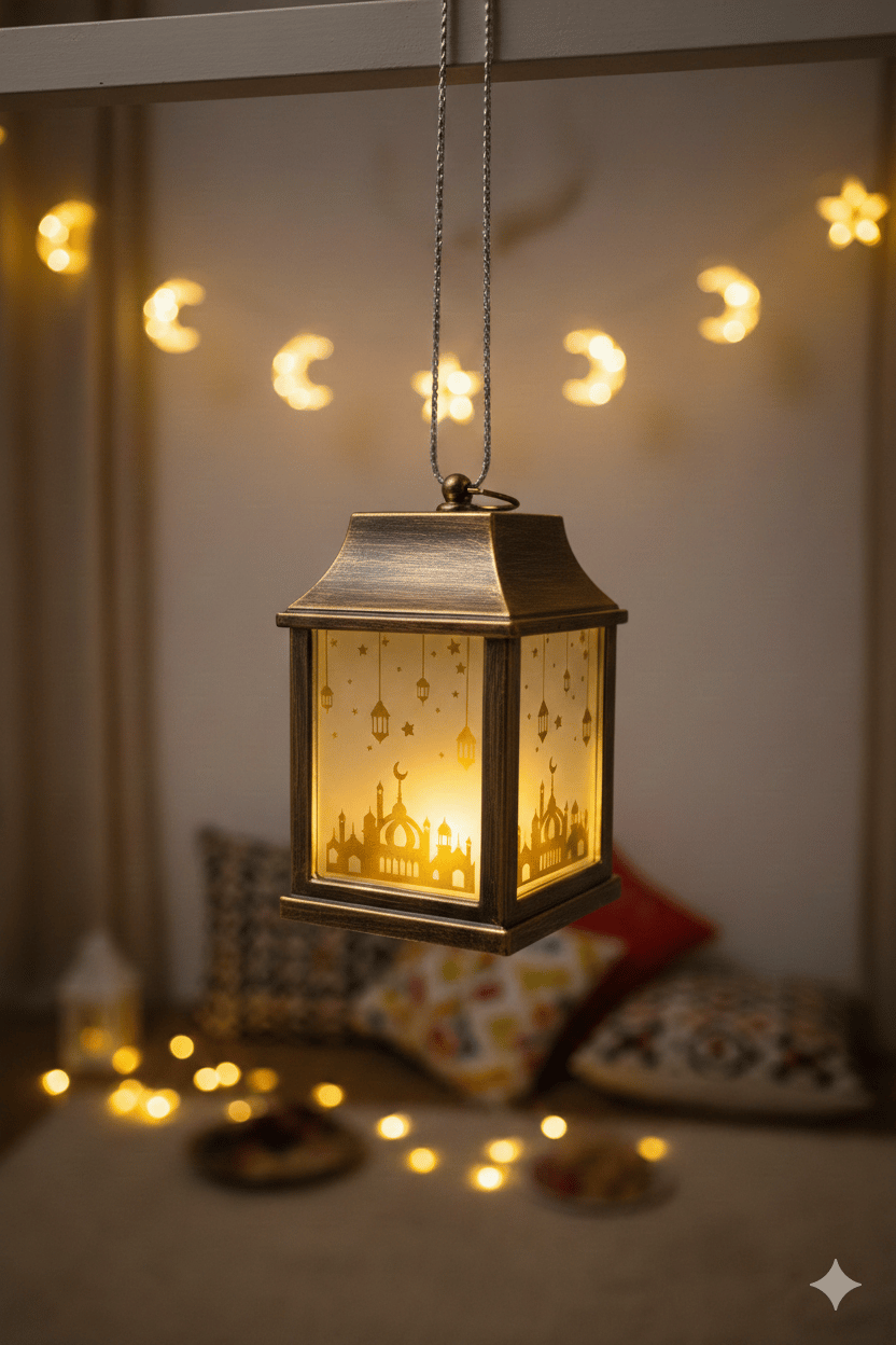 Ramazan Ledli Fener Kare Altın Aynalı Model 10 Cm Pil içinde