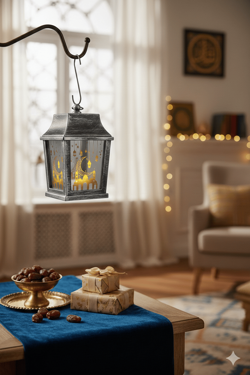 Ramazan Ledli Fener Kare Gümüş Aynalı Model  10 Cm Pil içinde