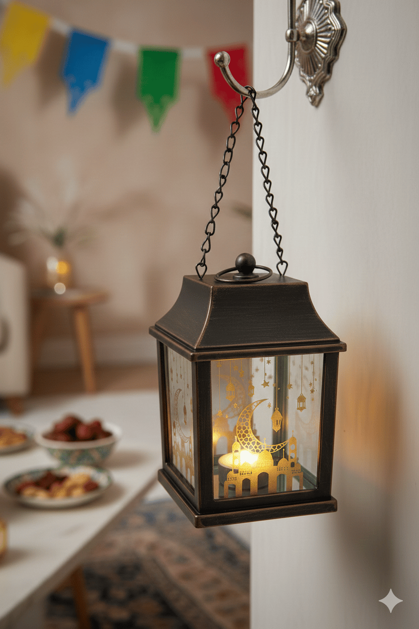 Ramazan Ledli Fener Kare Gümüş Aynalı Model  10 Cm Pil içinde