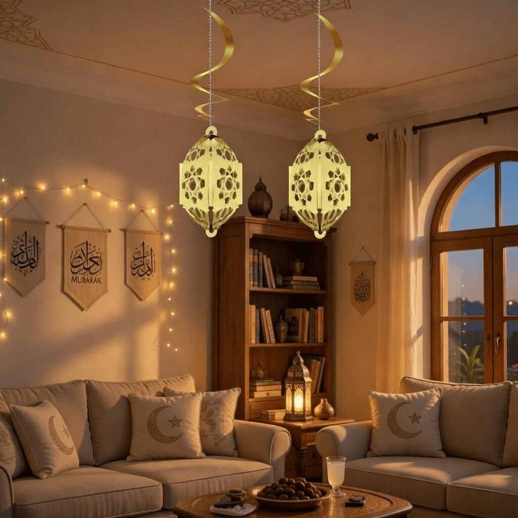 Ramazan Otantik Kandil Gold Parlak 2'li 4D Asmalı Dekorasyon Süsü