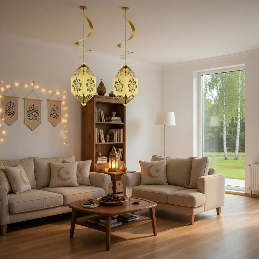 Ramazan Otantik Kandil Gold Parlak 2'li 4D Asmalı Dekorasyon Süsü