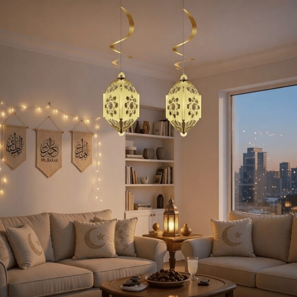 Ramazan Otantik Kandil Gold Parlak 2'li 4D Asmalı Dekorasyon Süsü