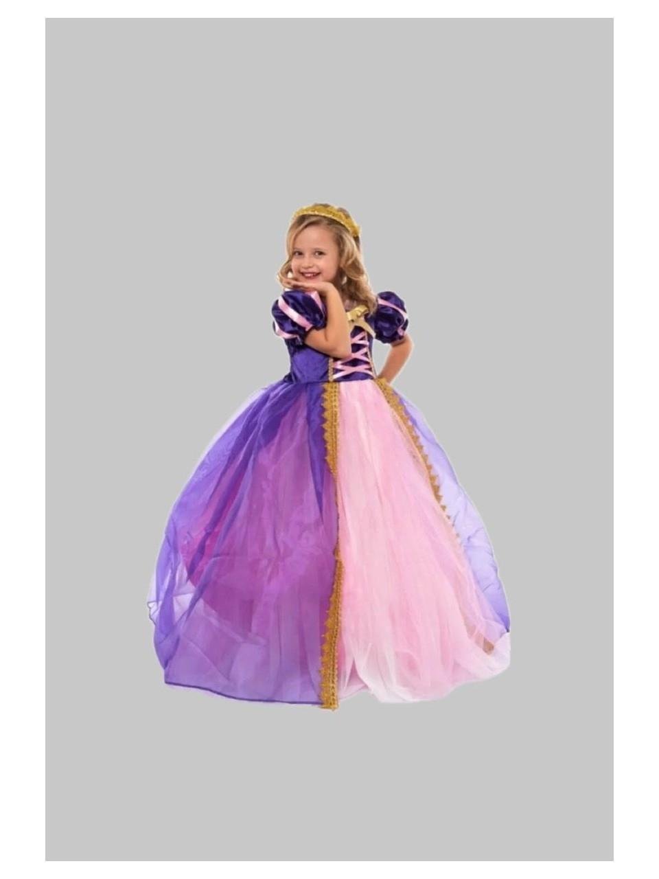 Rapunzel Uzun Kostüm 2-3 Yaş Taç, Tarlatan ve Pelerin