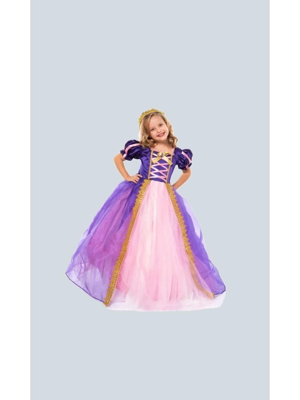 Rapunzel Uzun Kostüm 2-3 Yaş Taç, Tarlatan ve Pelerin