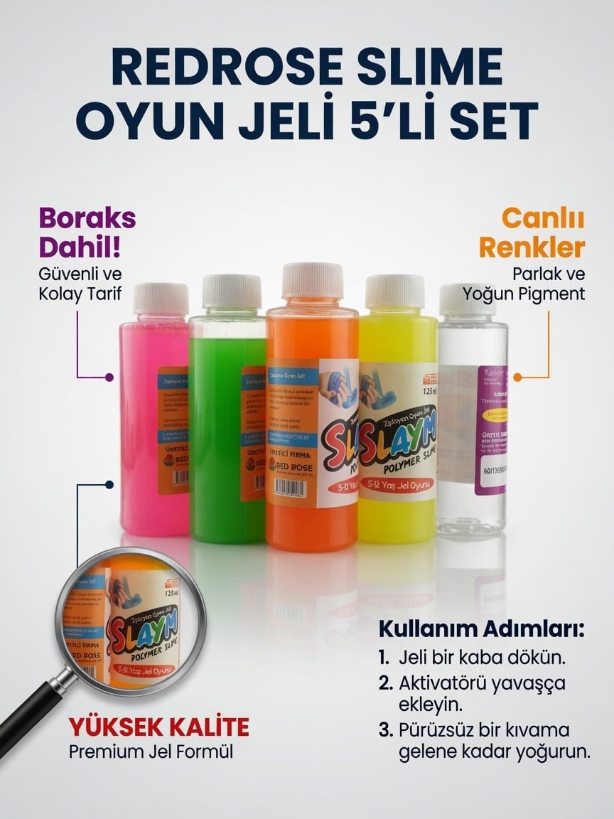Redrose Oyun Jeli Slime 5 Lİ SET boraks dahil