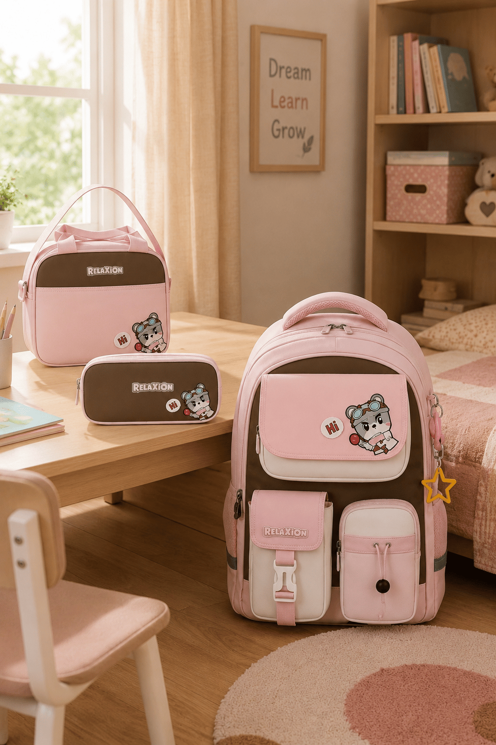Relaxion 1812P Cool Okul Çantası 3'lü Set Pembe Sırt Çantası Beslenme Çantası Kalemlik Seti