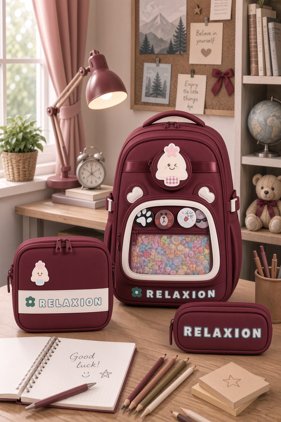 Relaxion 1815BO okul çantası +beslenme+kalemlik Bordo