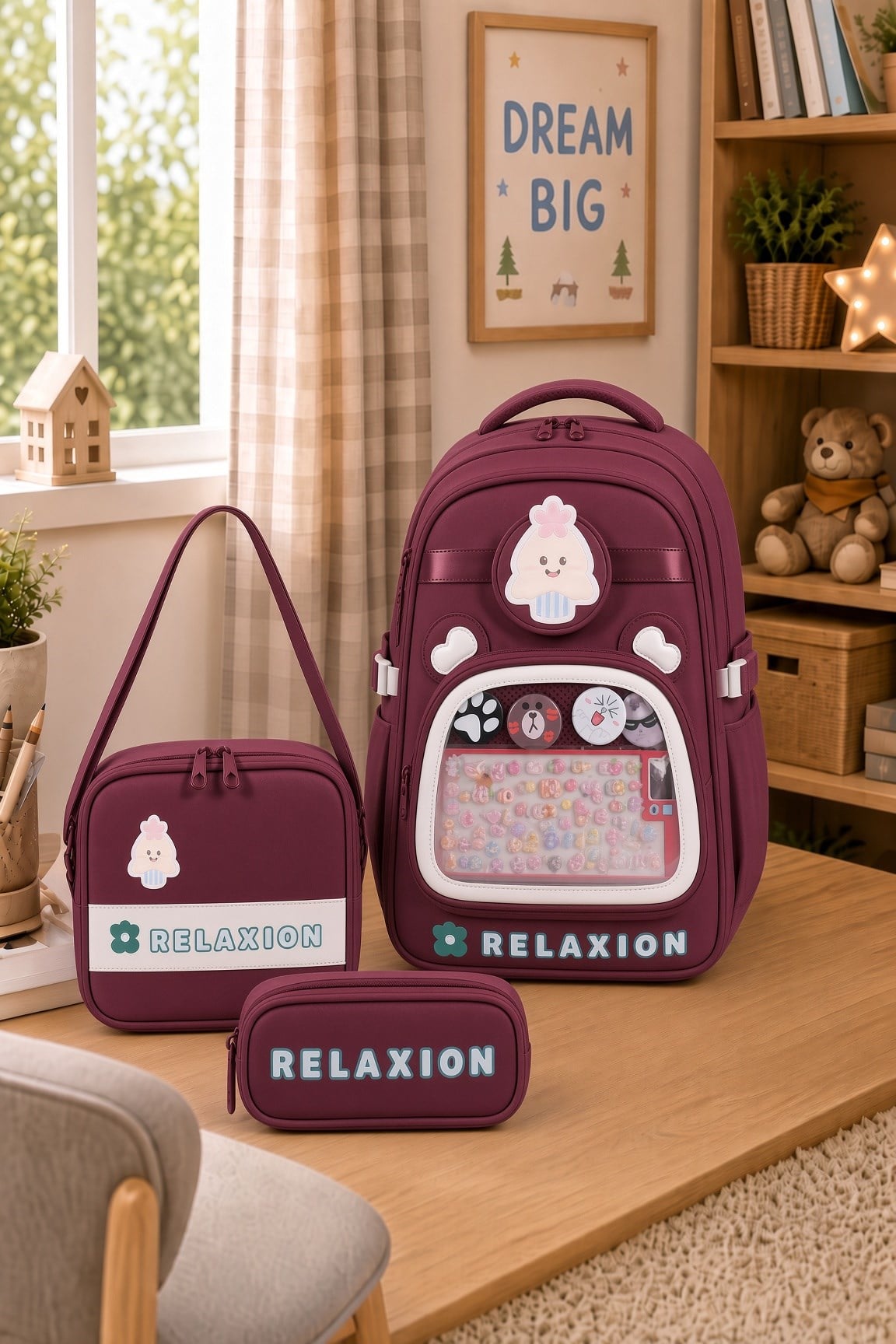 Relaxion 1815BO okul çantası +beslenme+kalemlik Bordo