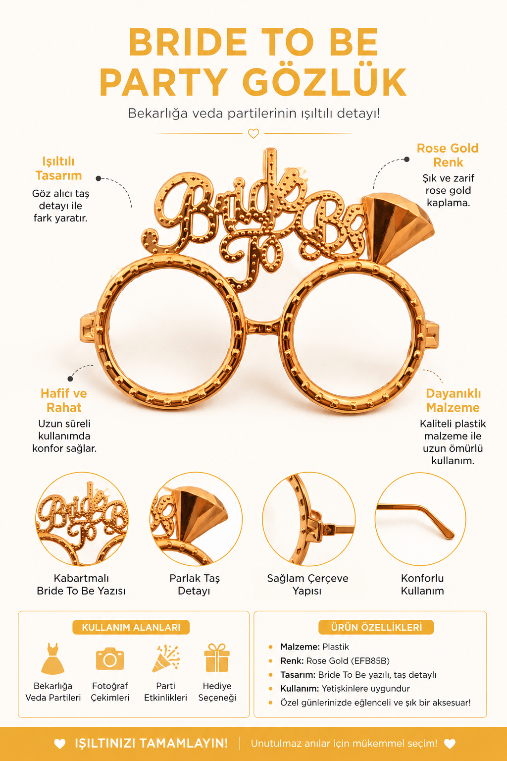 Rose Gold Bride To Be Parti Gözlüğü Bekarlığa Veda Plastik Parti Aksesuarı