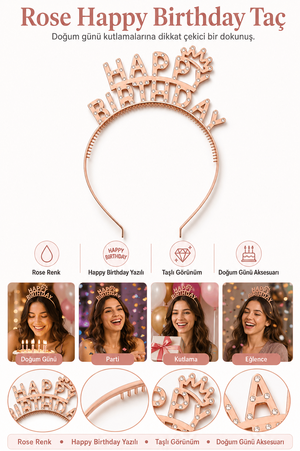 Rose Happy Birthday Taç Taşlı Görünümlü Doğum Günü Parti Aksesuarı