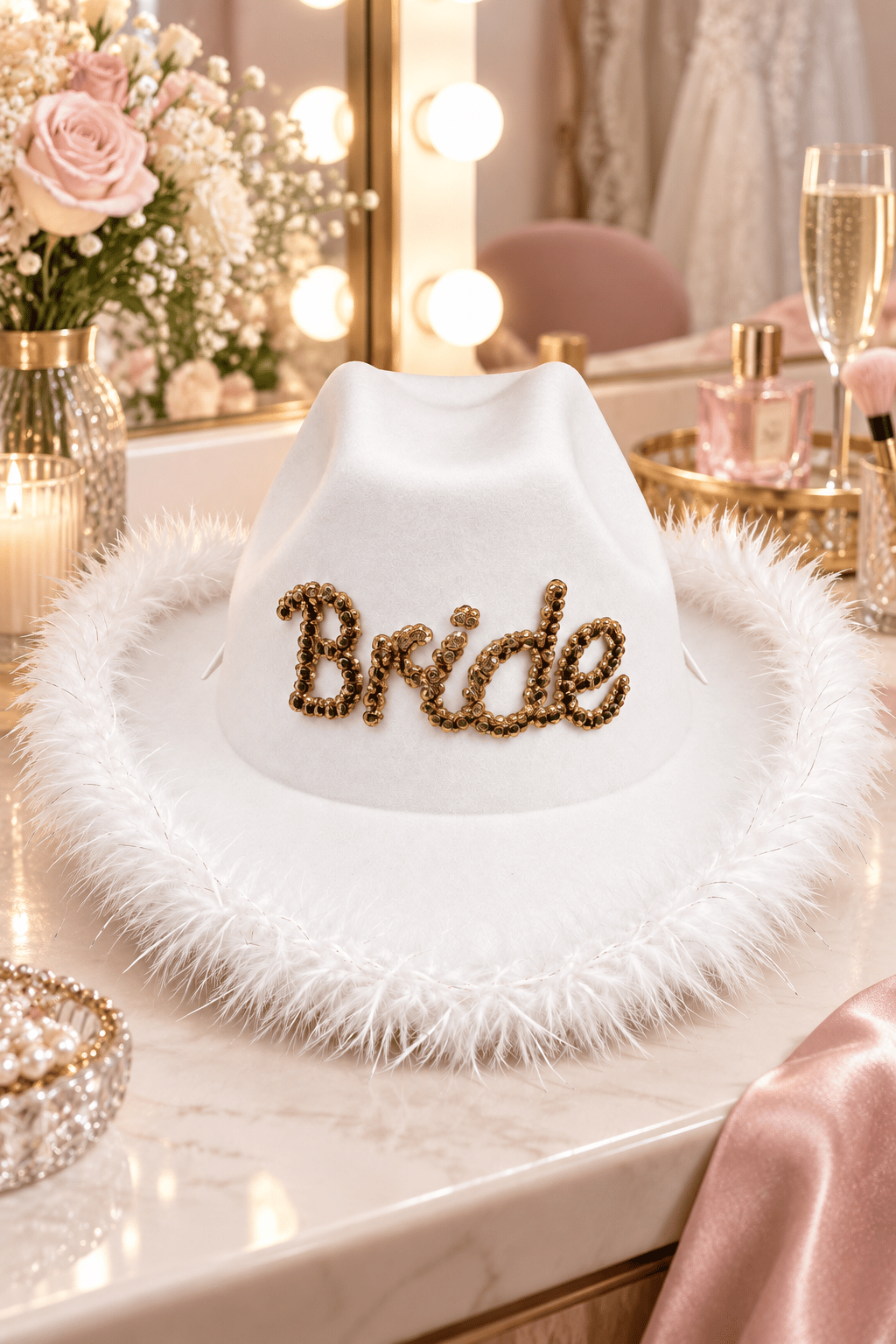 Şapka Bride Taşlı Şapka Kovboy Lüx Beyaz tüylü