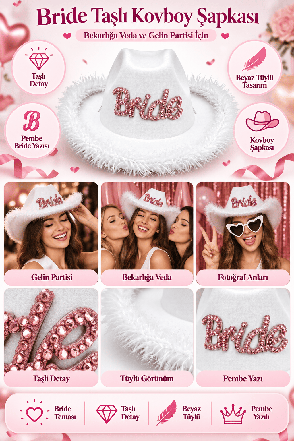 Şapka Bride Taşlı Şapka Kovboy Lüx Beyaz tüylü Pembe yazılı