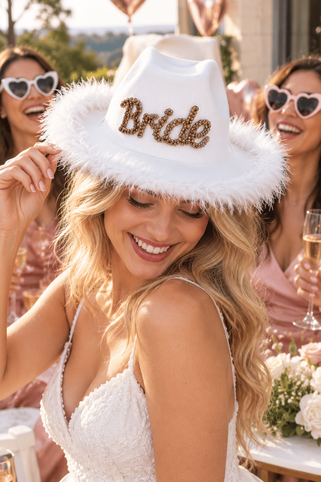 Şapka Bride Taşlı Şapka Kovboy Lüx Beyaz tüylü