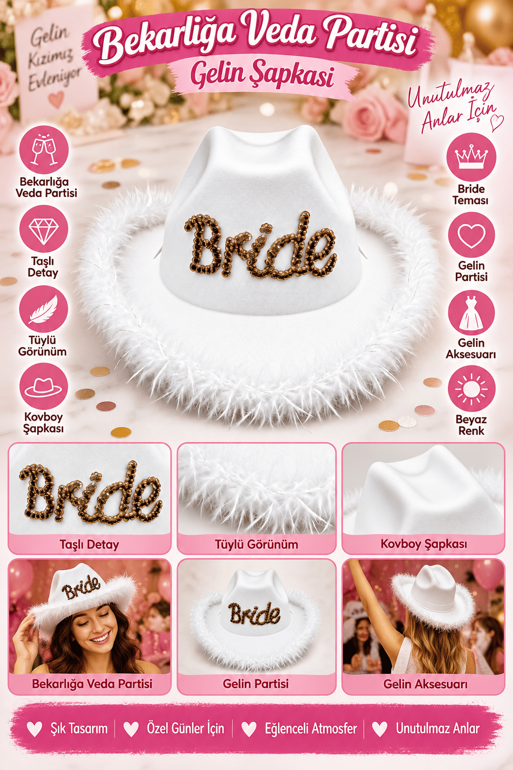 Şapka Bride Taşlı Şapka Kovboy Lüx Beyaz tüylü