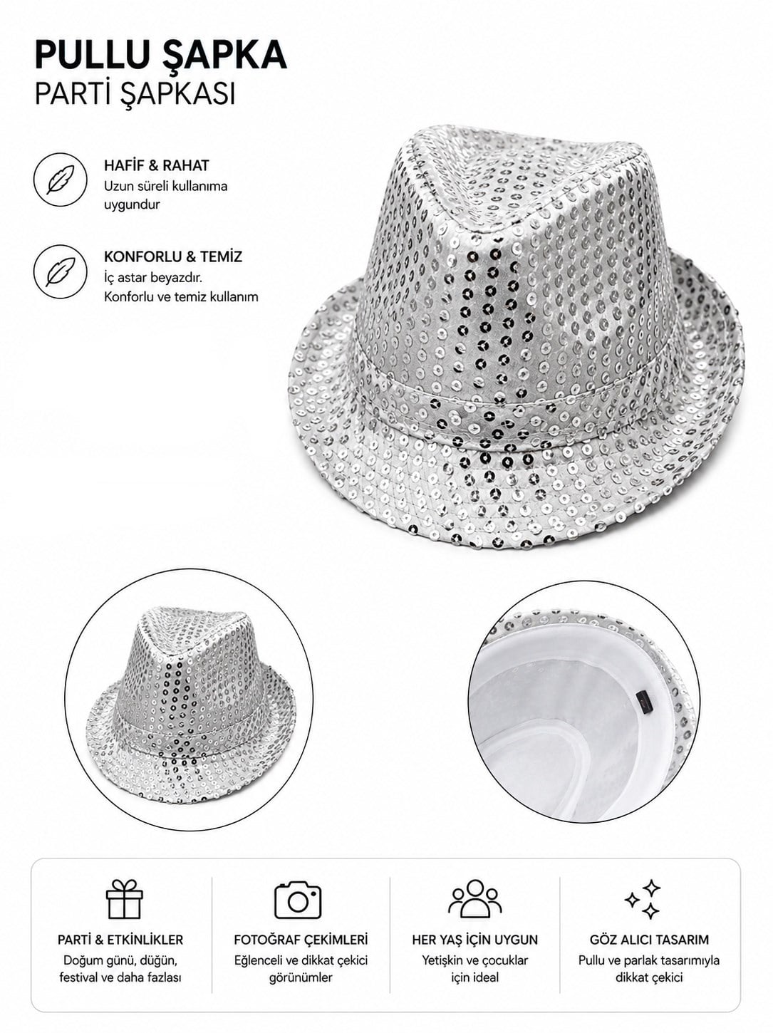 Şapka Fotr Pullu Lüks Gümüş-Silver 58cm