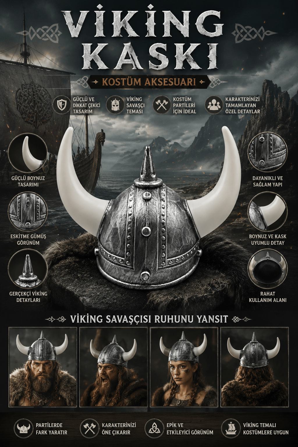 Şapka Plastik Miğfer Viking 3 Boynuzlu Gümüş