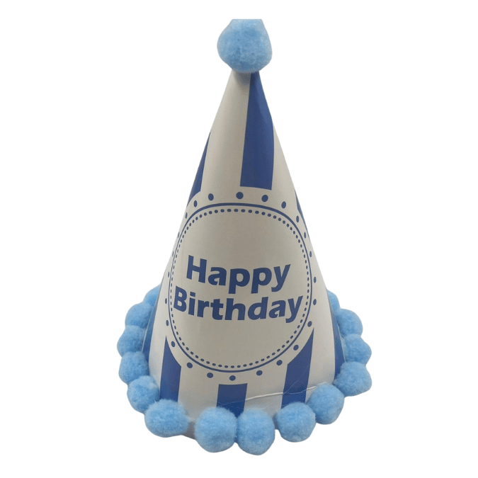 Şapka Ponponlu MAVİ çizgili happy birthday 20cm