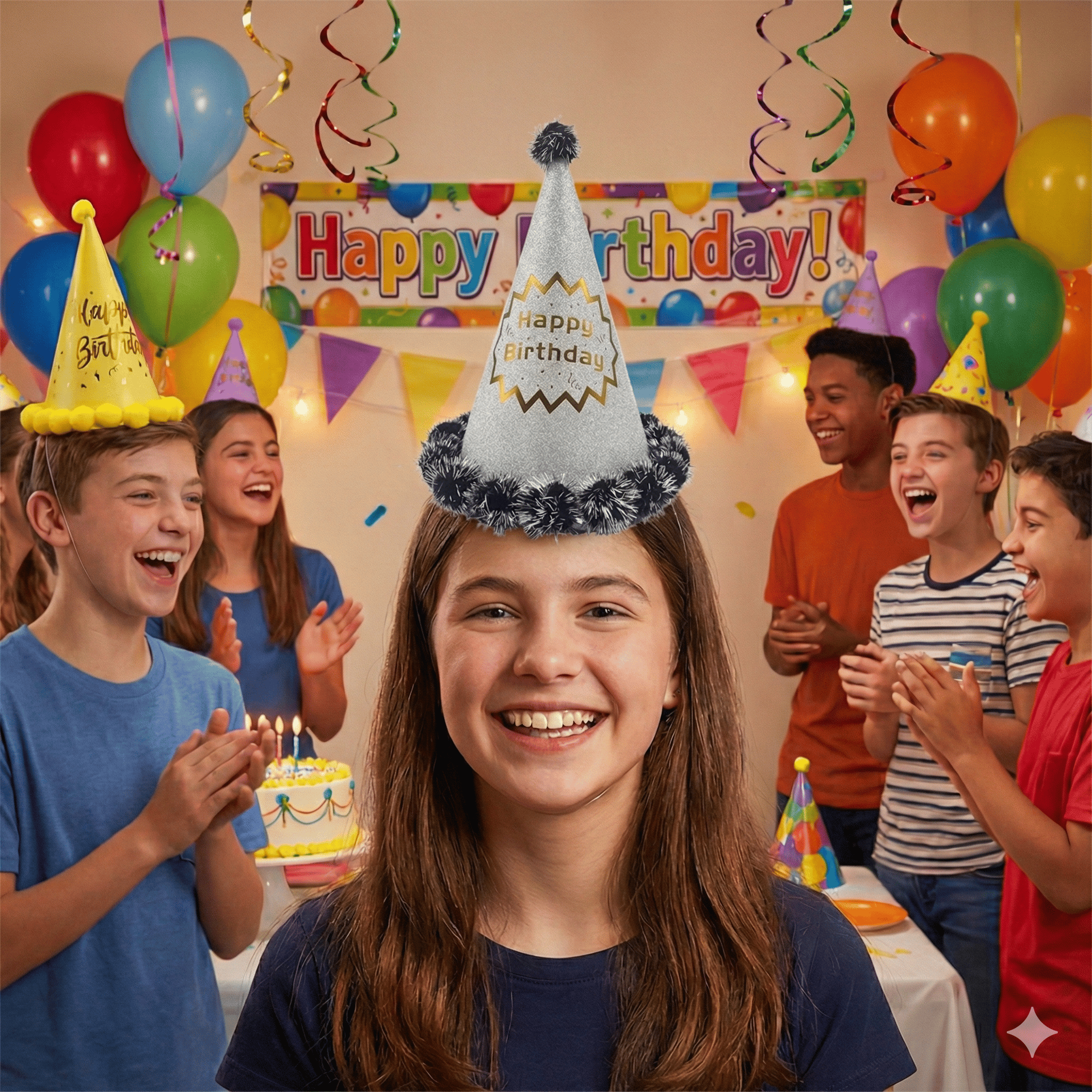 Şapka Ponponlu SİMLİ GÜMÜŞ happy birthd 25cm