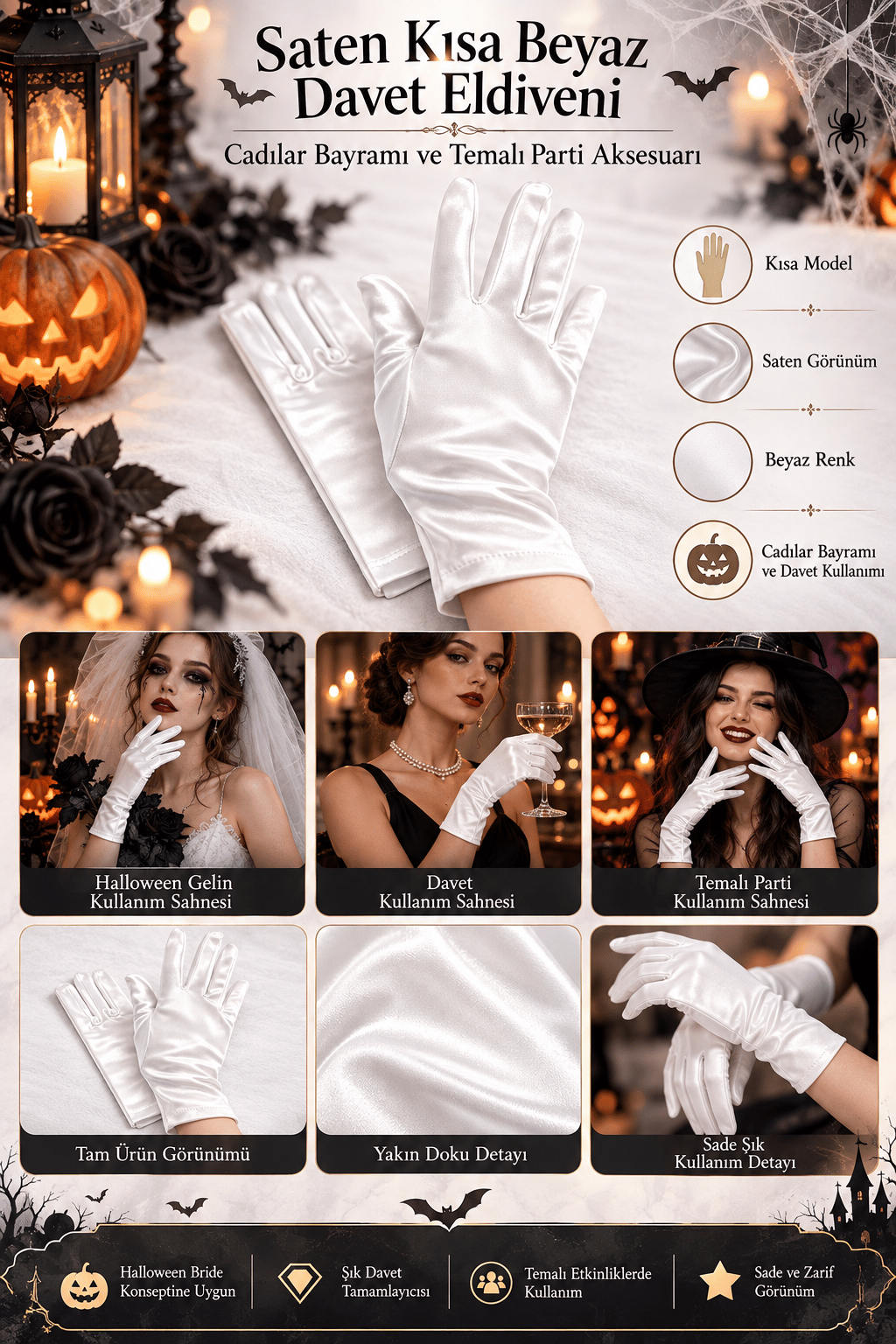 Saten Kısa Beyaz Davet Eldiven kostüm yılbaşı halloween bride