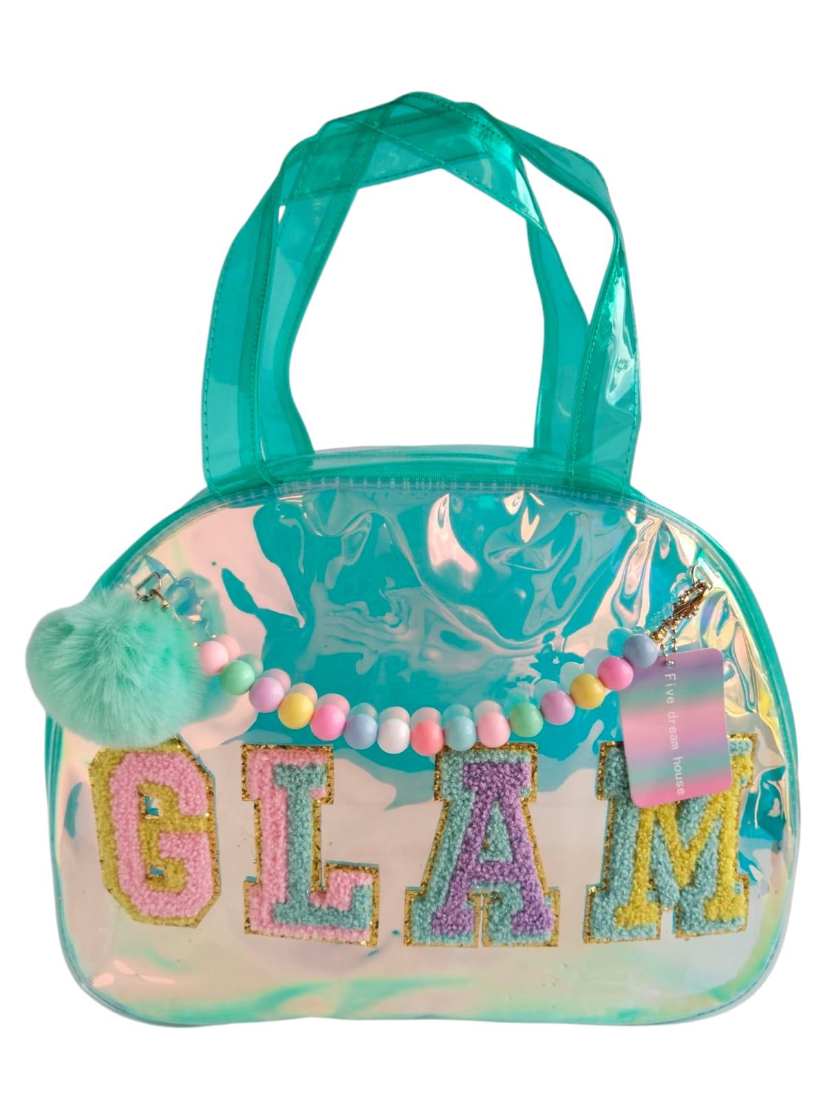 Şeffaf Turkuaz Glam Nakışlı El Plaj Çantası CN0022