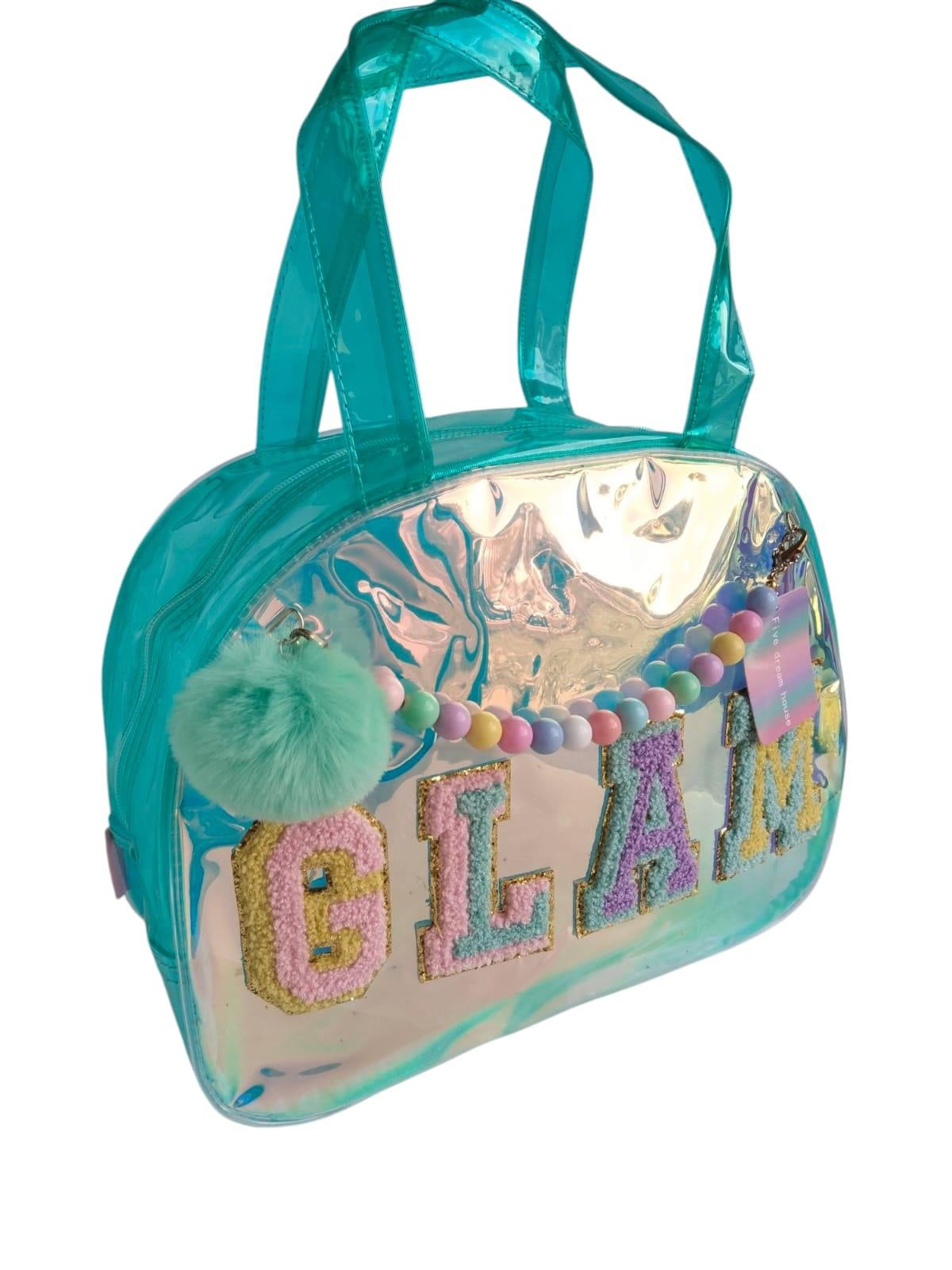 Şeffaf Turkuaz Glam Nakışlı El Plaj Çantası CN0022