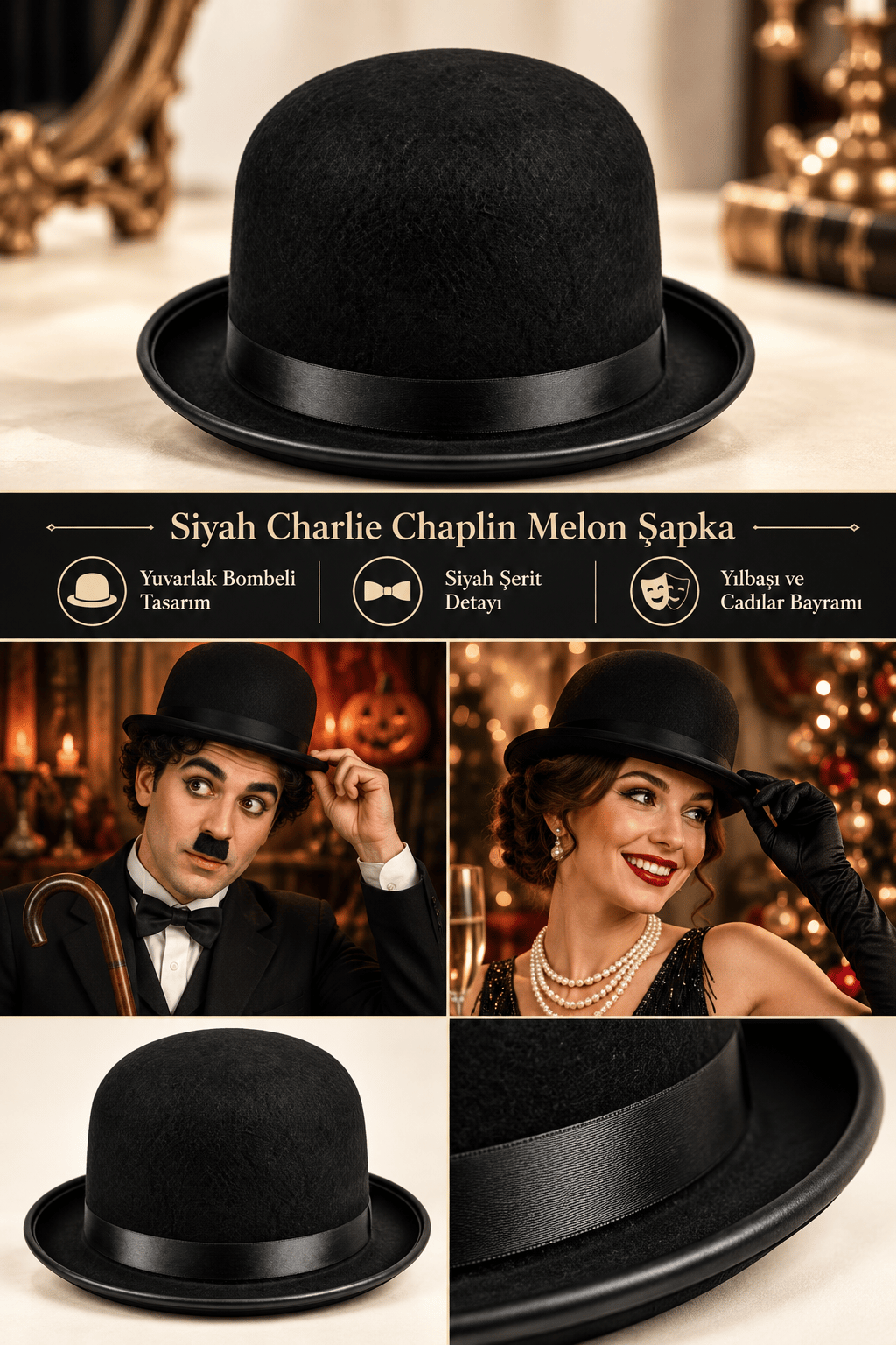 Siyah Charlie Şapkası – Yetişkin Fötr Melon Parti Kostüm Şapkası Halloween