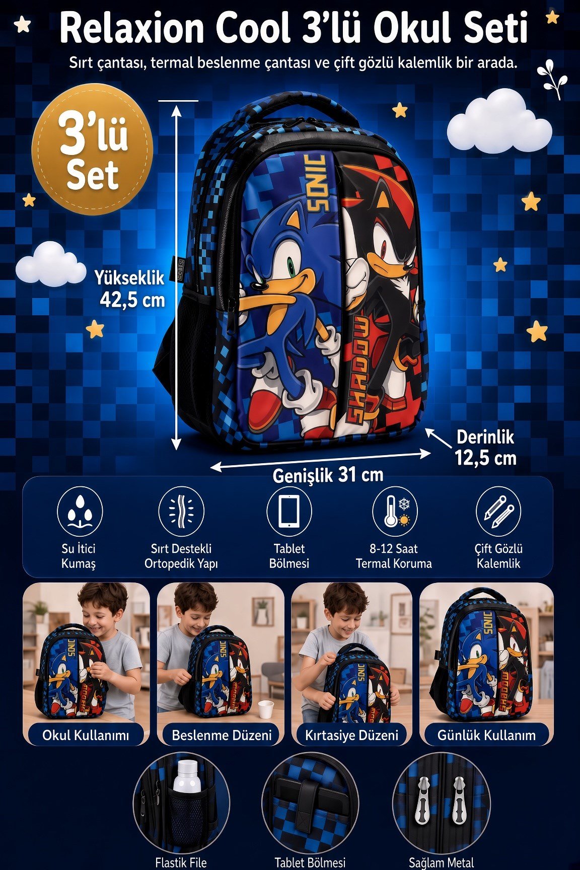 Sonic Shadow çift bölmeli okul Çantası 3589