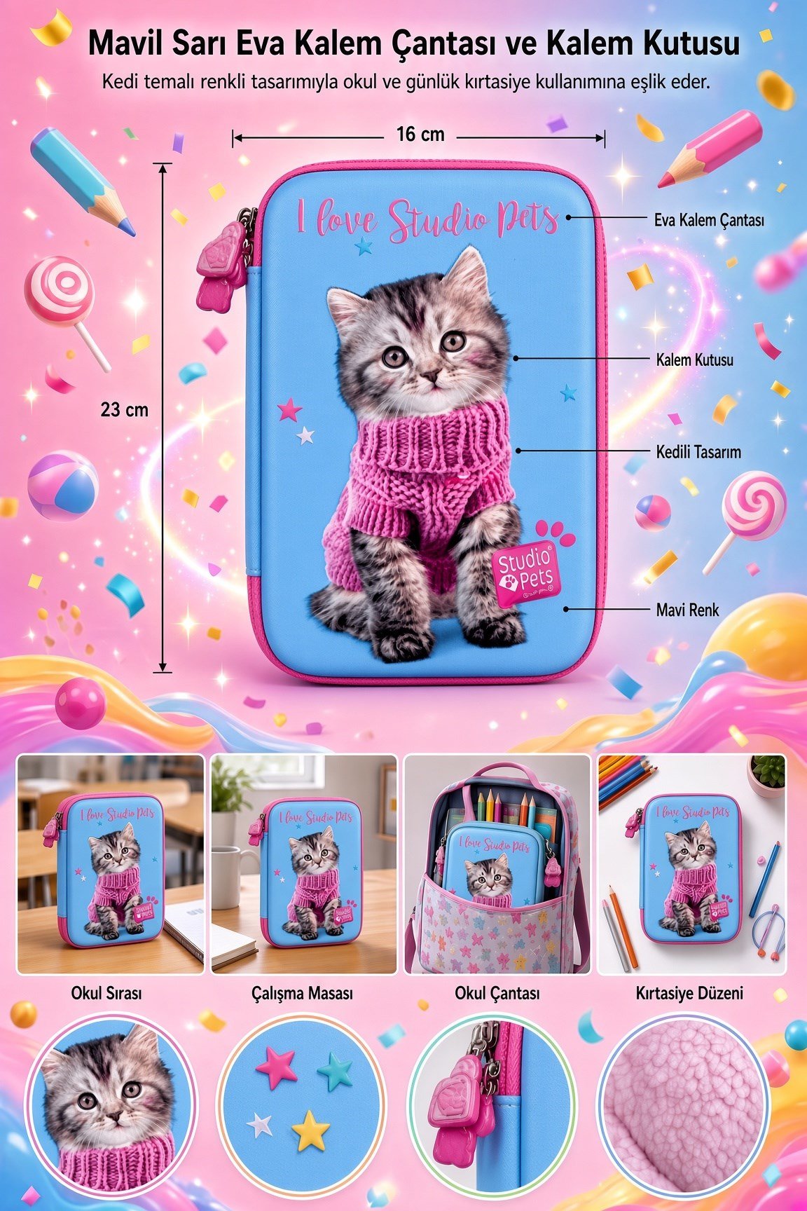 STUDİO PETS PT-7785 eva kalem çantas KEDİLİ-MAVİ