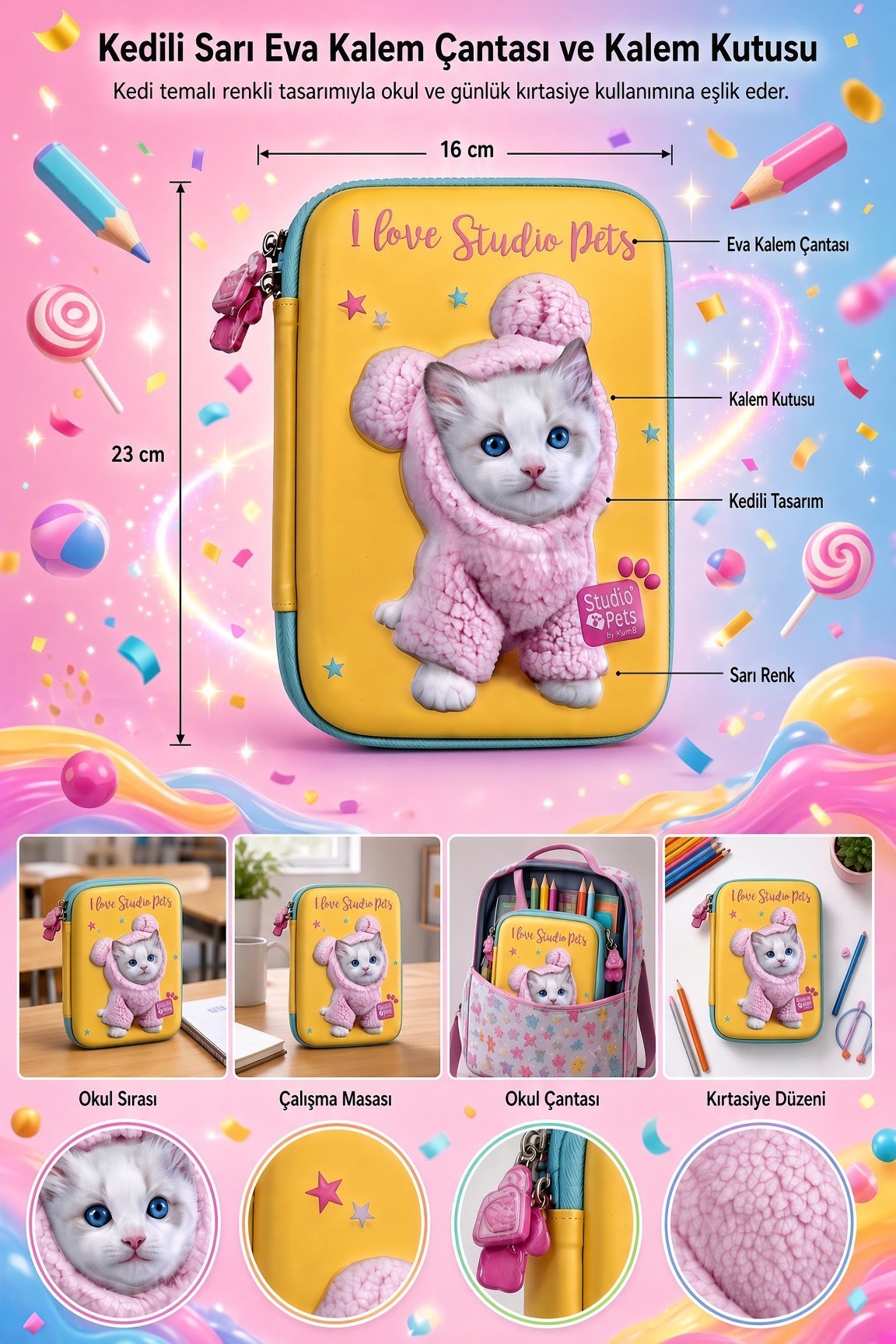 STUDİO PETS PT-7785 eva kalem çantas KEDİLİ-SARI