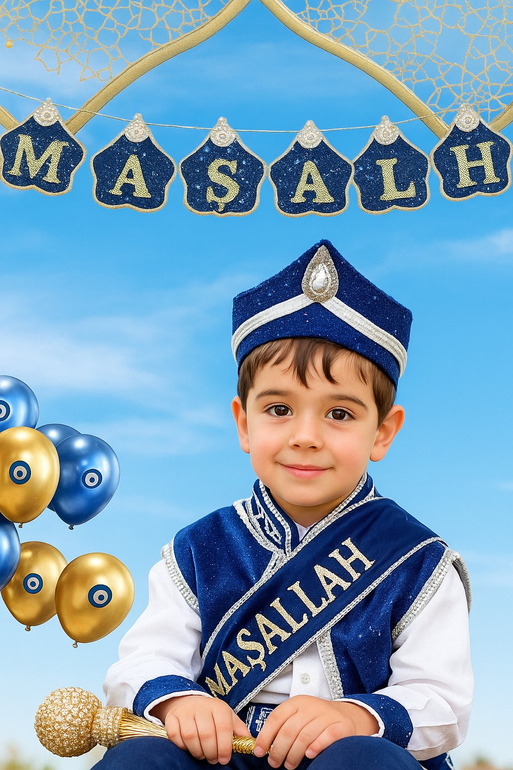 Sünnet Sünnet Maşallah Yazılı Mavi Gold Dekor Bann