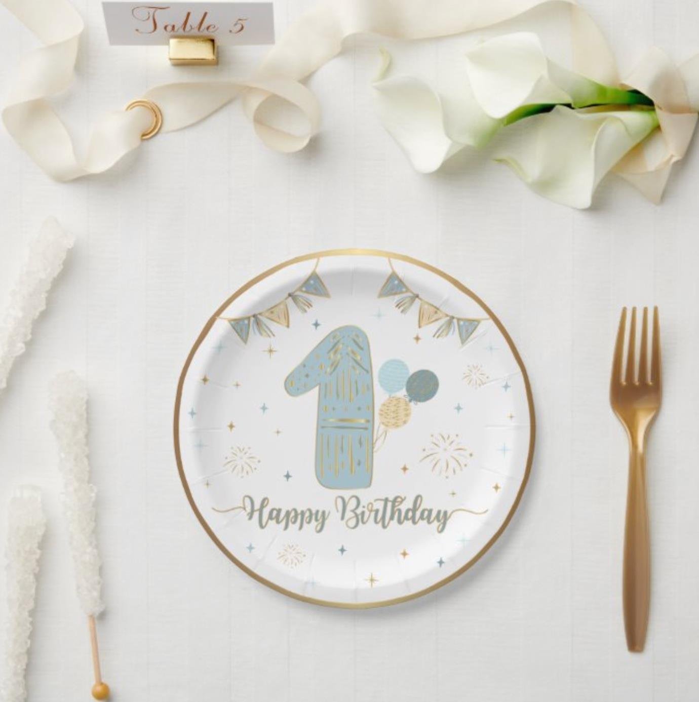 Tabak 1 Yaş Happy birthday MAVİ altın varakl 6lı