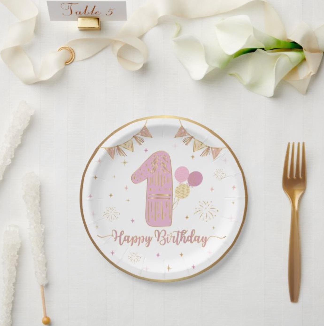 Tabak 1 Yaş Happy birthday PEMBE altın varakl 6lı