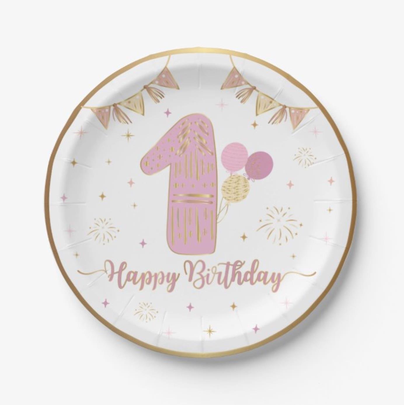 Tabak 1 Yaş Happy birthday PEMBE altın varakl 6lı