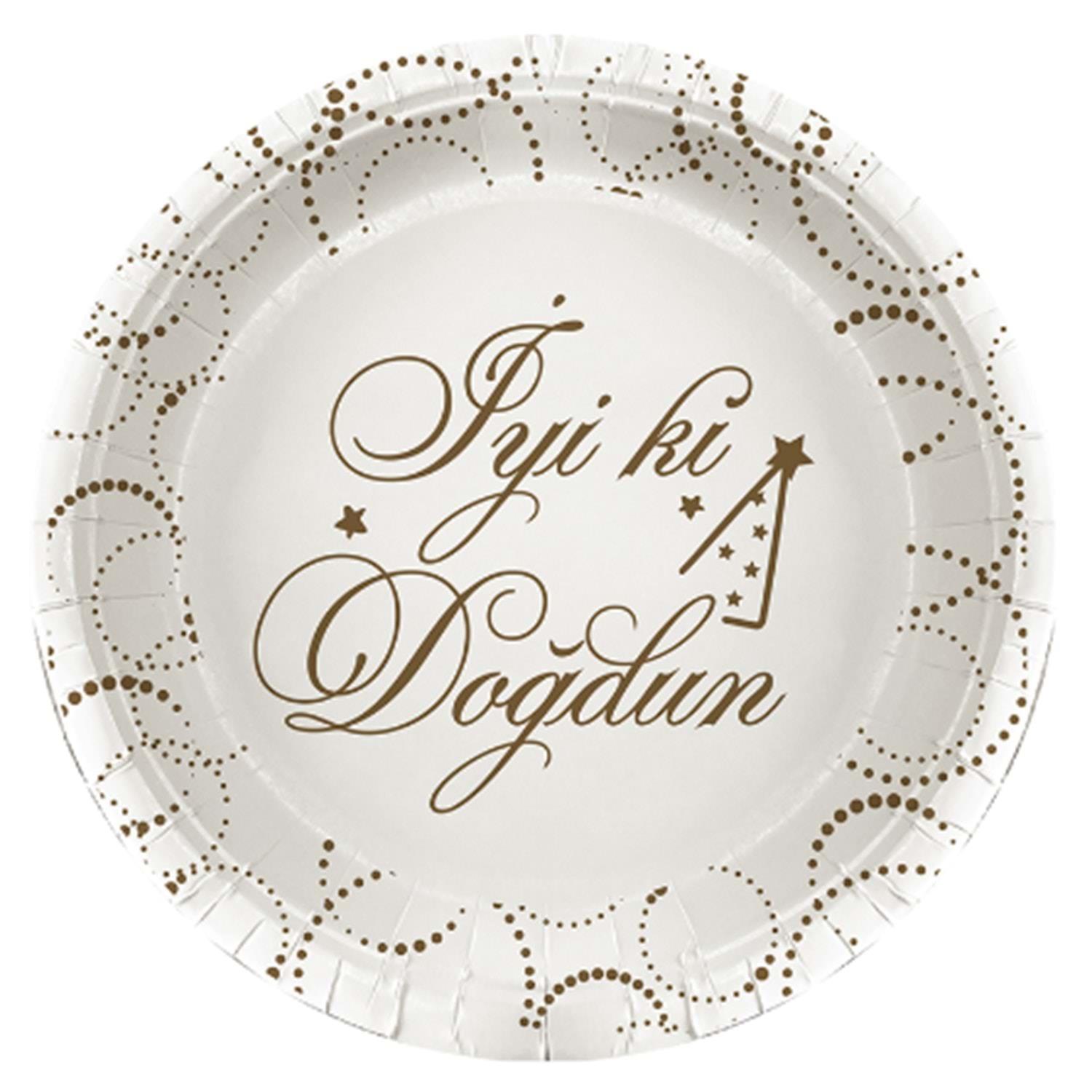 Tabak Elegant İyi ki Doğdun Beyaz Noktalı 23cm 6lı Lüks Doğum Günü Tabağı 