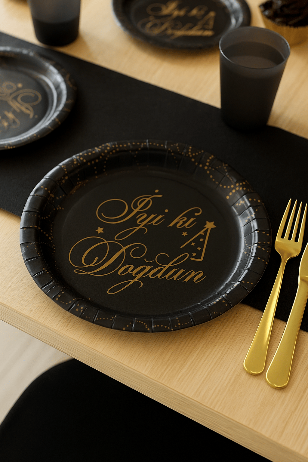 Tabak Elegant İyi ki Doğdun Siyah Noktalı 23cm 6lı Lüks Doğum Günü Tabağı