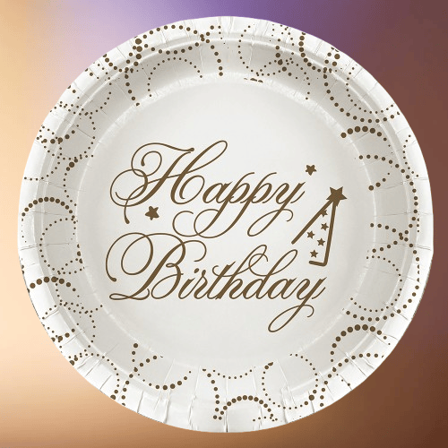 Tabak elegant Lüks Happy Birthday Beyaz Noktalı 23cm 6lı Varaklı Doğum Günü Tabağı