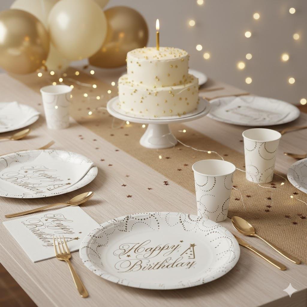 Tabak elegant Lüks Happy Birthday Beyaz Noktalı 23cm 6lı Varaklı Doğum Günü Tabağı
