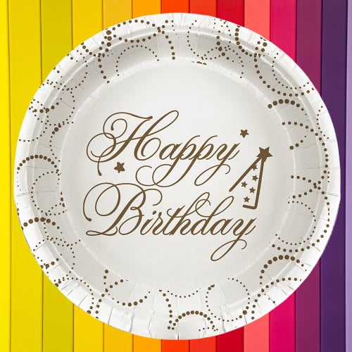 Tabak elegant Lüks Happy Birthday Beyaz Noktalı 23cm 6lı Varaklı Doğum Günü Tabağı