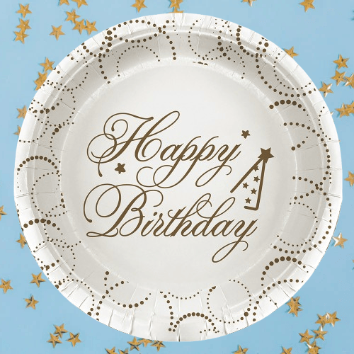 Tabak elegant Lüks Happy Birthday Beyaz Noktalı 23cm 6lı Varaklı Doğum Günü Tabağı