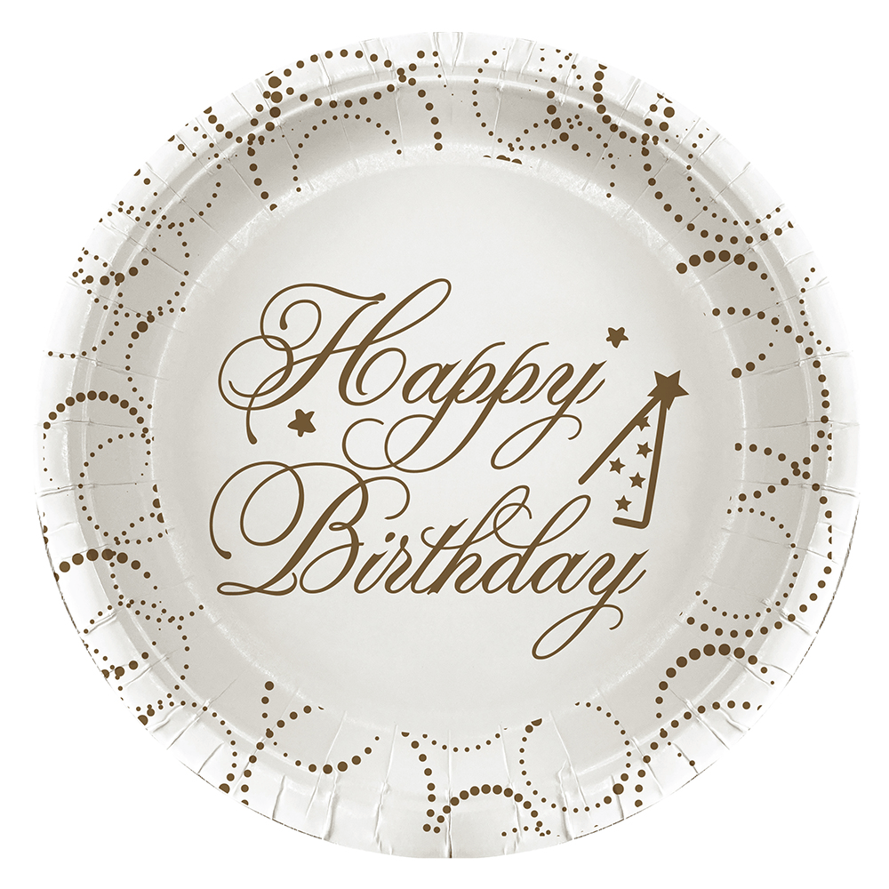 Tabak elegant Lüks Happy Birthday Beyaz Noktalı 23cm 6lı Varaklı Doğum Günü Tabağı