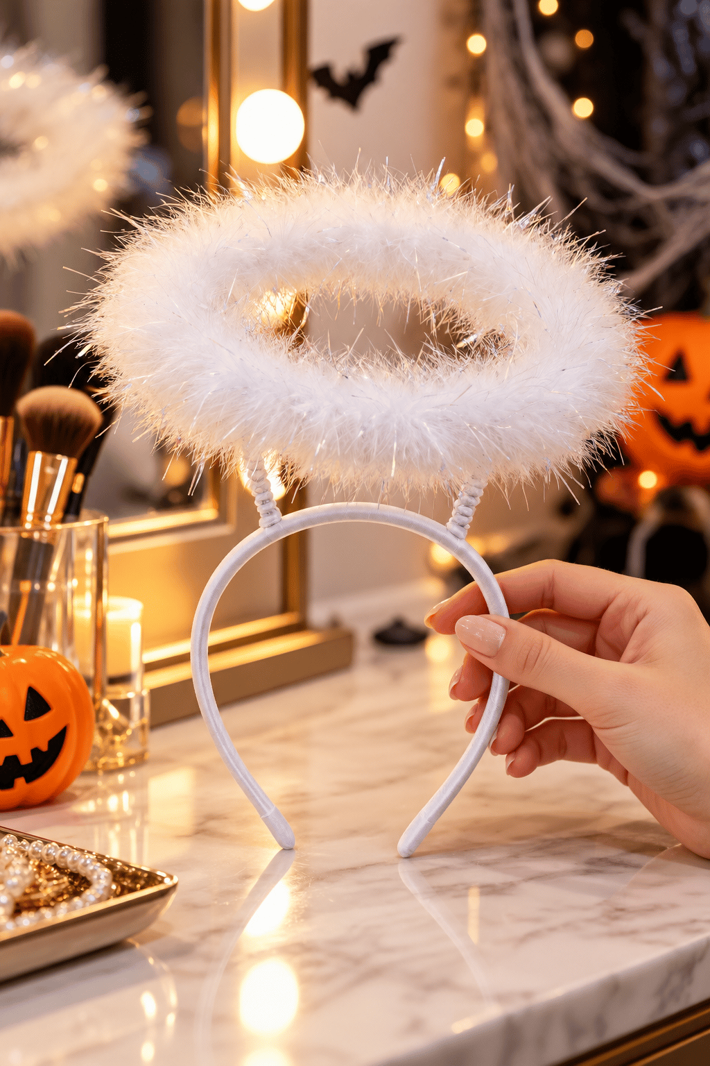 Taç  Beyaz Melek Taç Üstten Harelİ Halkalı Tüylü Simli Halloween