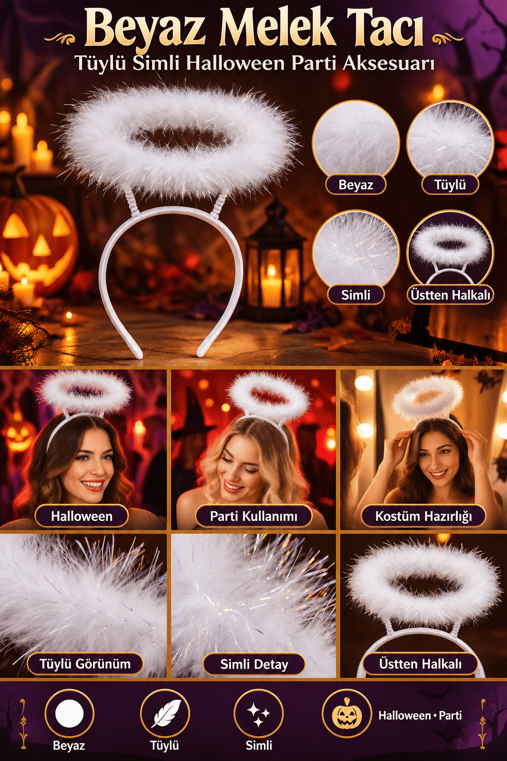 Taç  Beyaz Melek Taç Üstten Harelİ Halkalı Tüylü Simli Halloween
