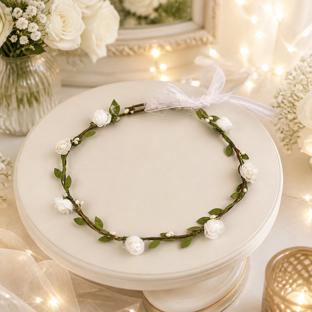 Taç bride Çember Çiçekli Işıklı  beyaz 4954