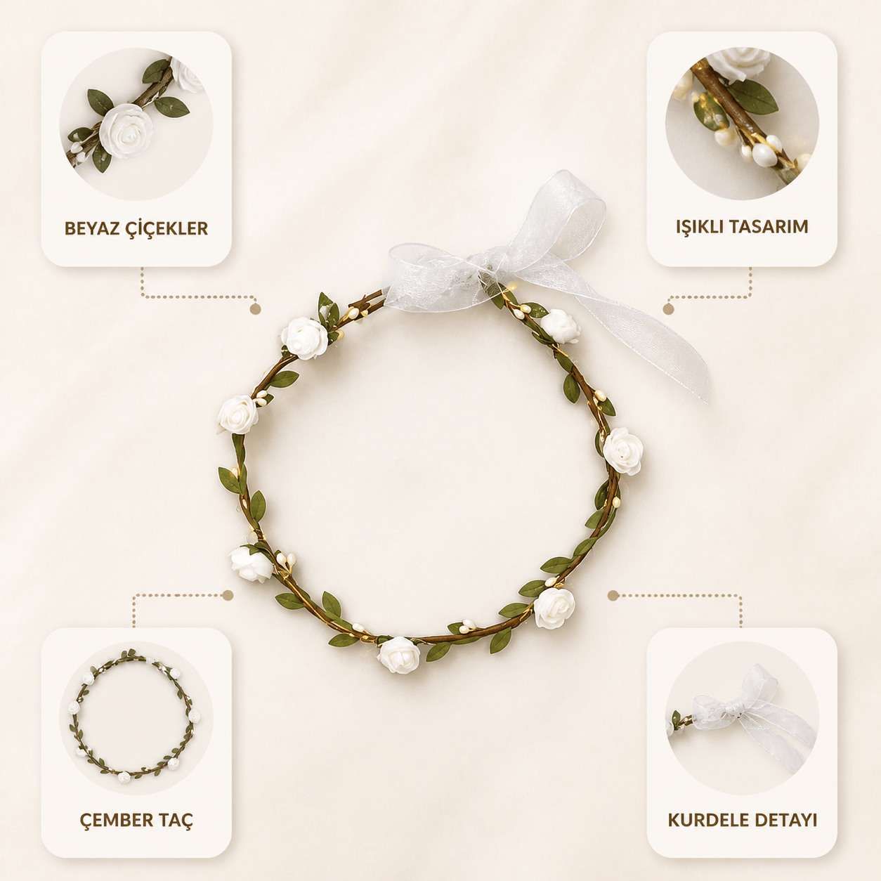Taç bride Çember Çiçekli Işıklı  beyaz 4954