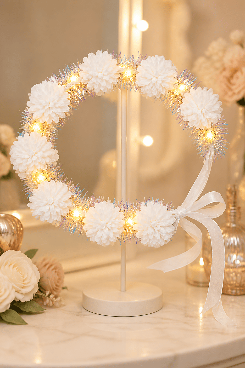 Taç bride Çember ponponlu Çiçekli Işıklı  beyaz 4956